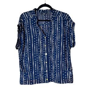 A.n.a. Sheer Blue‎ and Gold Triangle Blouse Cap Sleeve Women’s Large (G-106)